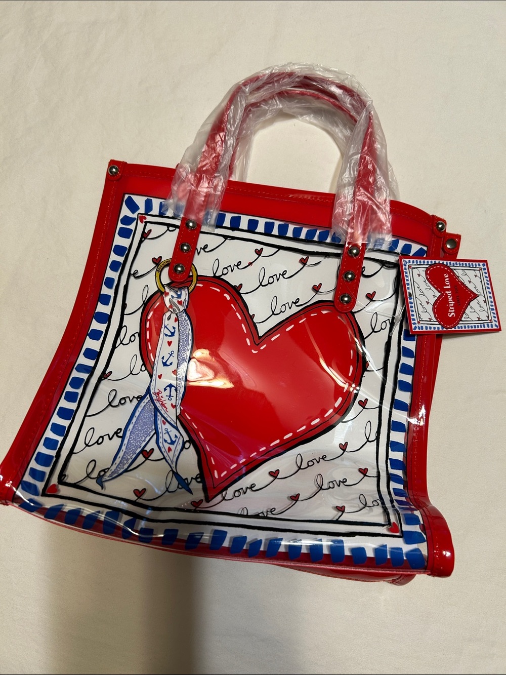 Brighton Red Heart Clear Tote with Blue Trim and Script
